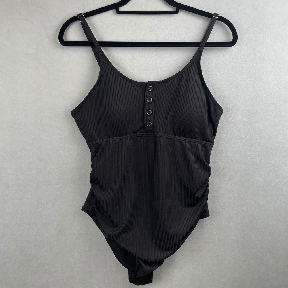 Summer Mae Black Rib Maternity 1 Piece Padded Swimsuit Henley Ruche L Minimalist